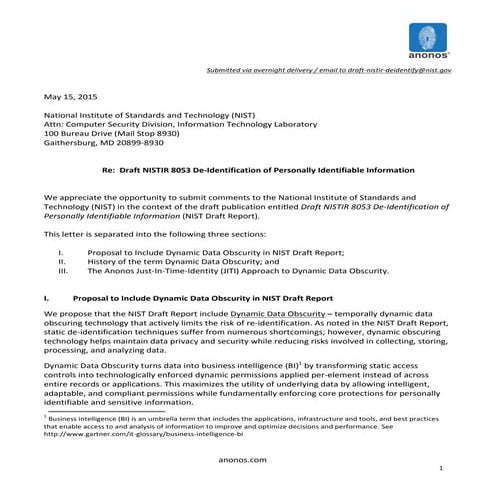 Anonos NIST Comment Letter – De–Identification Of Personally Identifiable Inf...
