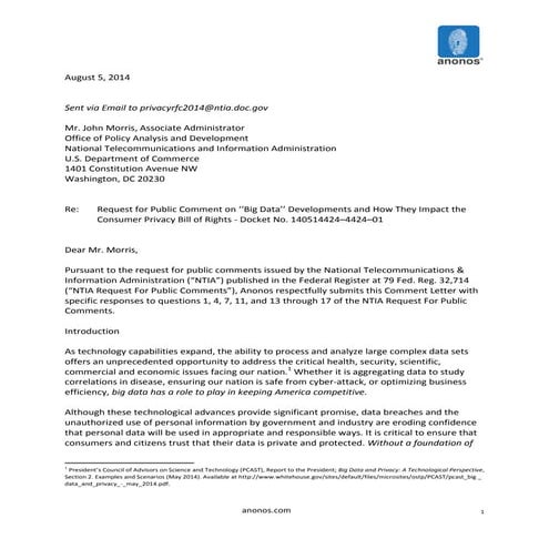 Anonos NTIA Comment Letter letter on ''Big Data'' Developments and How They Impact the Consumer Privacy Bill of Rights