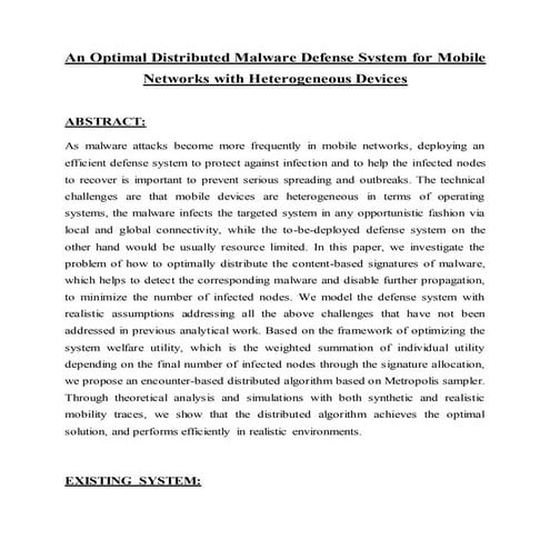 An optimal distributed malware defense system for mobile networks with heterogeneous devices