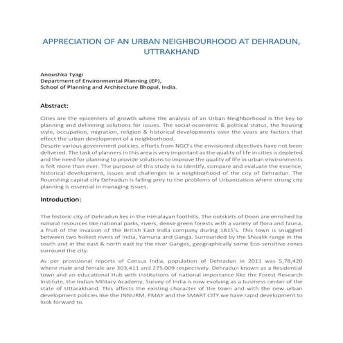 Appreciation of an Urban Neighbourhood at Dehradun Uttarakahnd