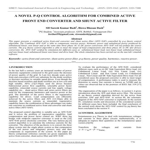 A novel p q control algorithm for combined active front end converter and shu...