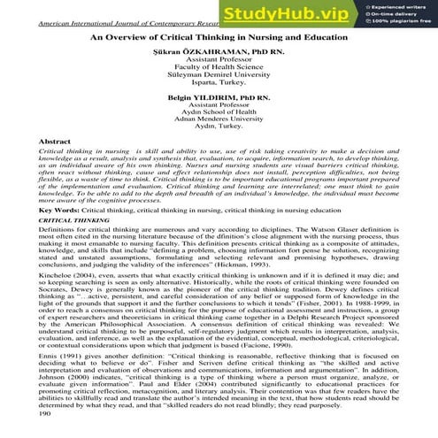 An Overview Of Critical Thinking In Nursing And Education | PDF