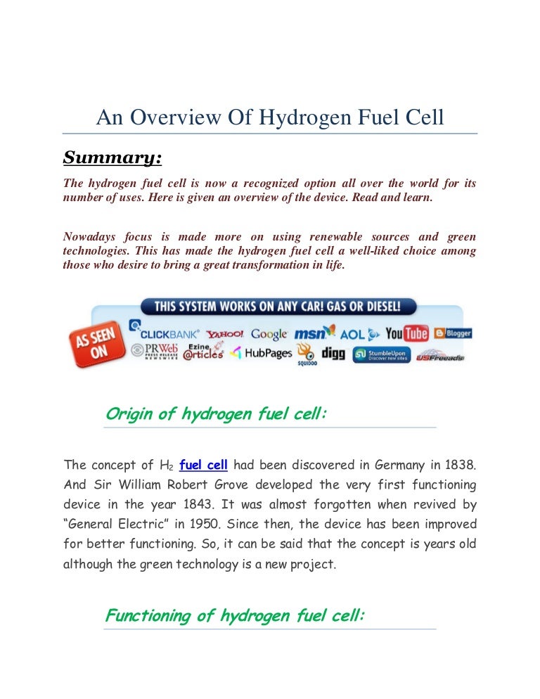 An overview of hydrogen fuel cell