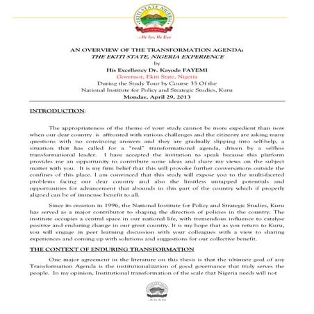 An Overview Of The Transformation Agenda: The Ekiti State, Nigeria Experience