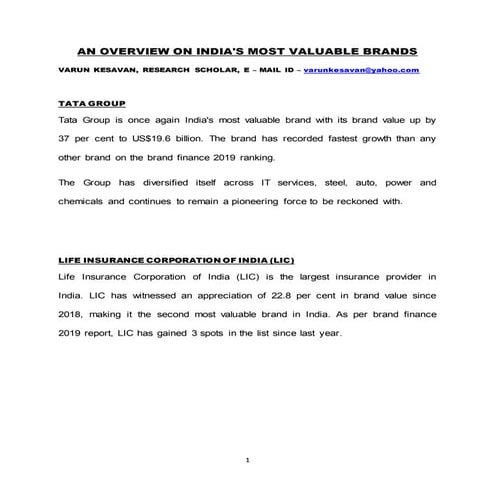 AN OVERVIEW ON INDIA'S MOST VALUABLE BRANDS 