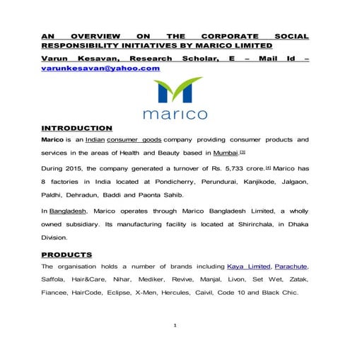 AN OVERVIEW ON THE CORPORATE SOCIAL RESPONSIBILITY INITIATIVES BY MARICO LIMITED