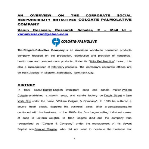 AN OVERVIEW ON THE CORPORATE SOCIAL RESPONSIBILITY INITIATIVES COLGATE PALMOL...