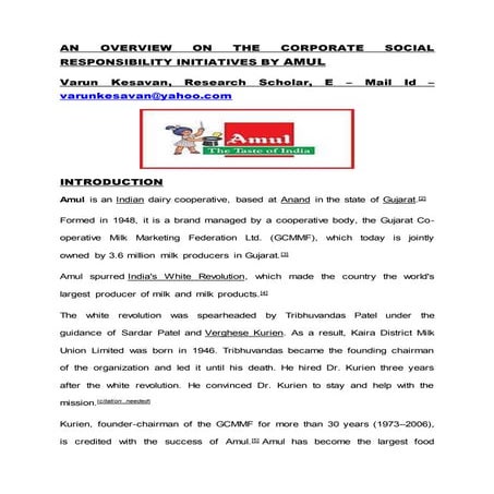 AN OVERVIEW ON THE CORPORATE SOCIAL RESPONSIBILITY INITIATIVES BY AMUL