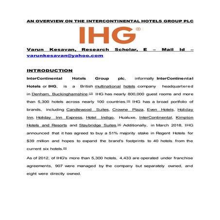 AN OVERVIEW ON THE INTERCONTINENTAL HOTELS GROUP PLC | PDF - Intercontinental Hotels Group Plc Investor Relations