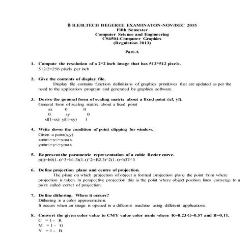 AU QP Answer key NOv/Dec 2015 Computer Graphics 5 sem CSE