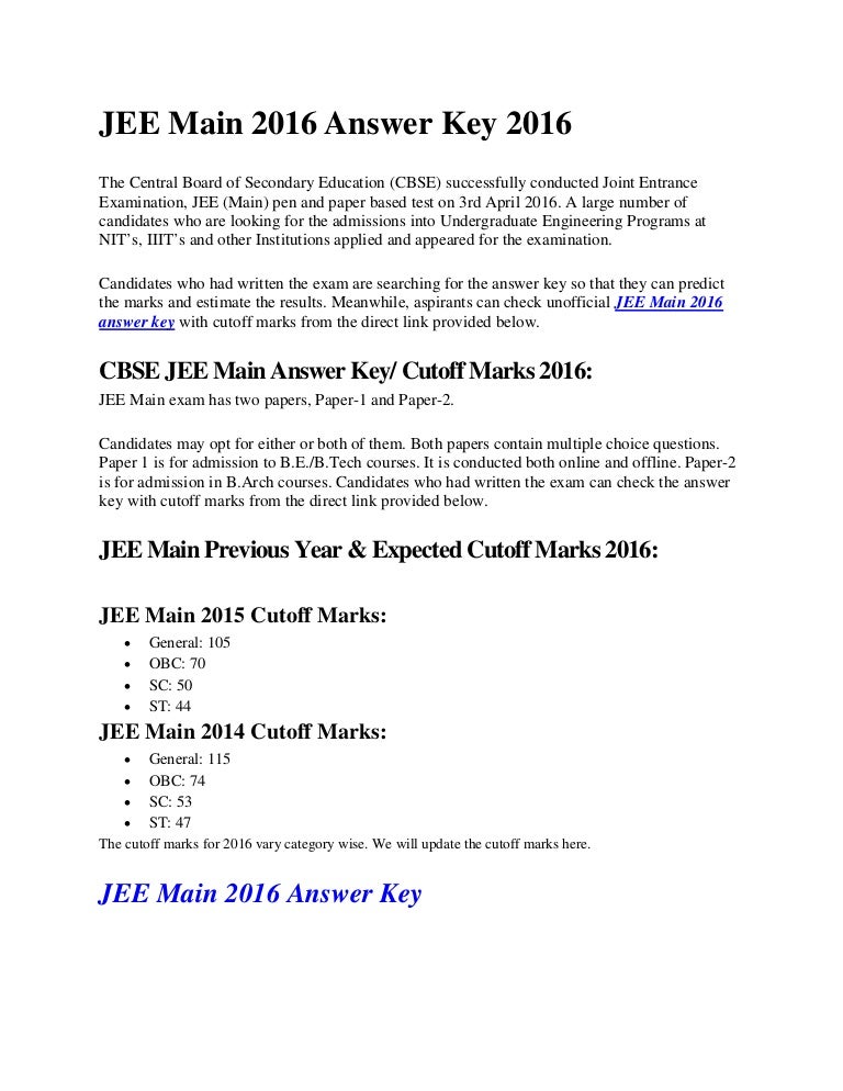 JEE Main 2016 Solutions, JEE Main Answer Key, Answer key of JEE Main