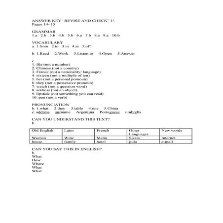Answer key revise and check unit 1 1º