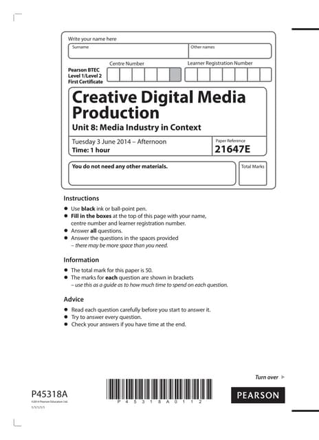 Exam answers and mark scheme media , unit 1 june 3rd 2014