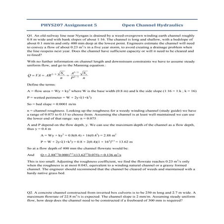 Answers assignment 5 open channel hydraulics-fluid mechanics