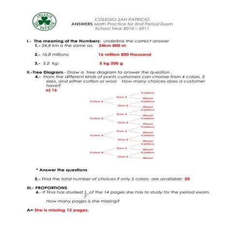 Answers for m ath practice for 2 period exam