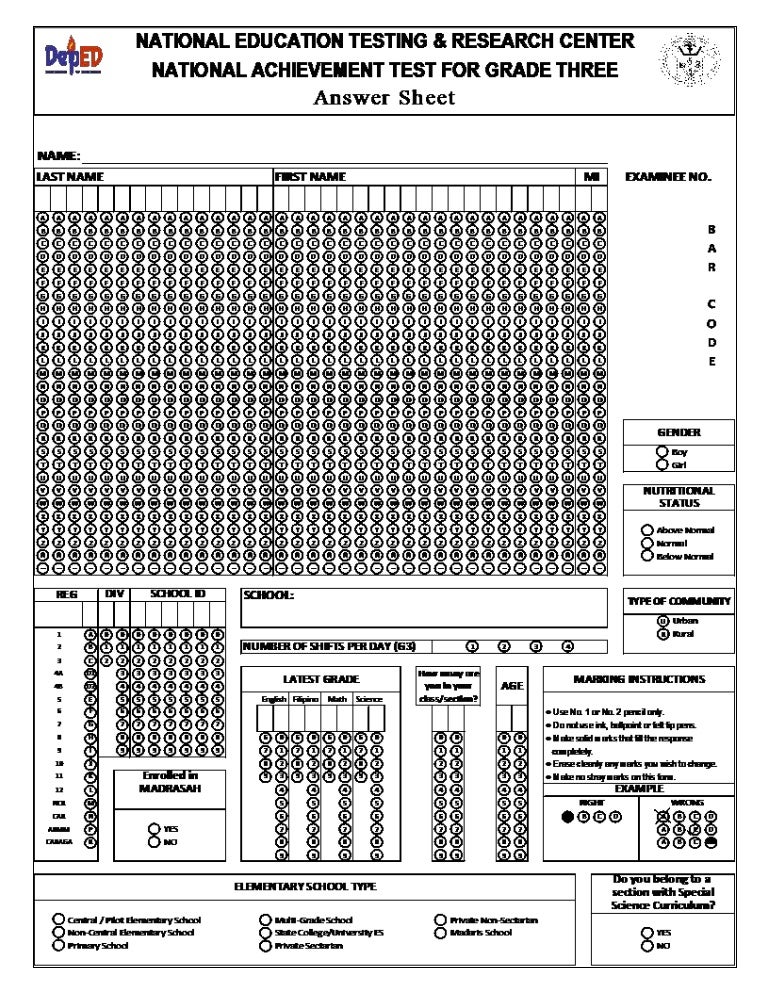 Grade 3 Answer Sheet grade-3-answer-sheet
