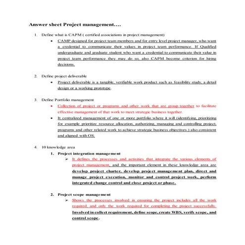 Answer sheet project management