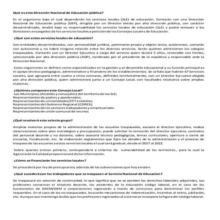 Antecedentes sobre proyecto de desmunicipalizacion de la educacion