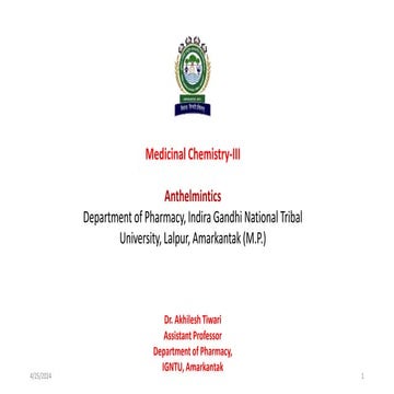 anthelmintics Parasitic infections are caused by organisms that live and feed...