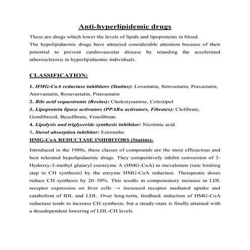 Anti-Hyperlipidimic drugs.pdf, CLASSIFICATION, MOA, Adverse effects, Uses, Ex...