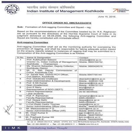 IIM Kozhikode Anti Ragging Squad 2017-18 | PDF