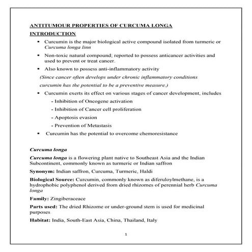 Anti-tumor agent: Curcuma longa pdf notes