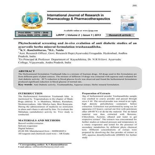 Anti diabetic studies of trushanaadiloha | PDF