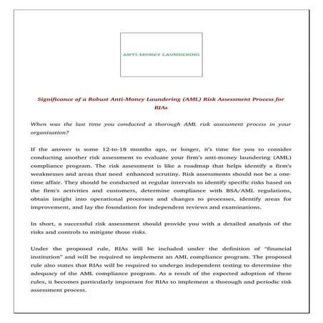 Significance of a Robust AML Risk Assessment Process for  FIs and RIAs