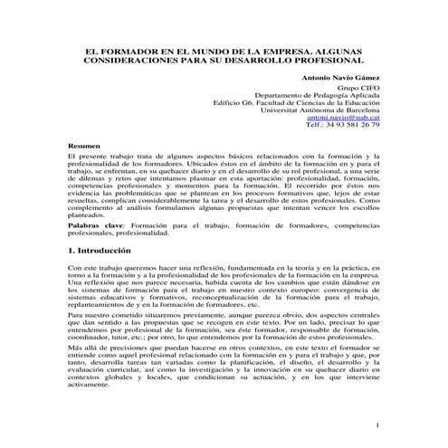 EL FORMADOR EN EL MUNDO DE LA EMPRESA. ALGUNAS CONSIDERACIONES PARA SU DESARROLLO PROFESIONAL