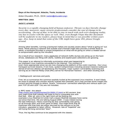 Days of the Honeynet: Attacks, Tools, Incidents