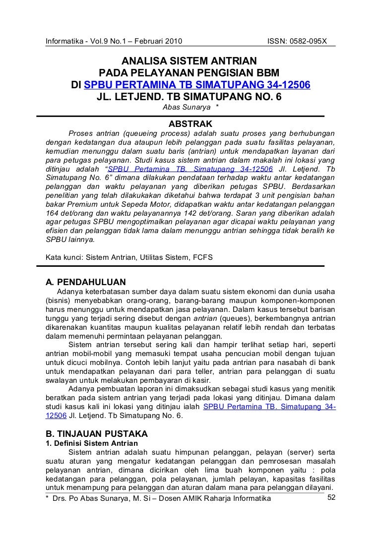 ANALISA SISTEM ANTRIAN PADA PELAYANAN PENGISIAN BBM DI SPBU PERTAMINA