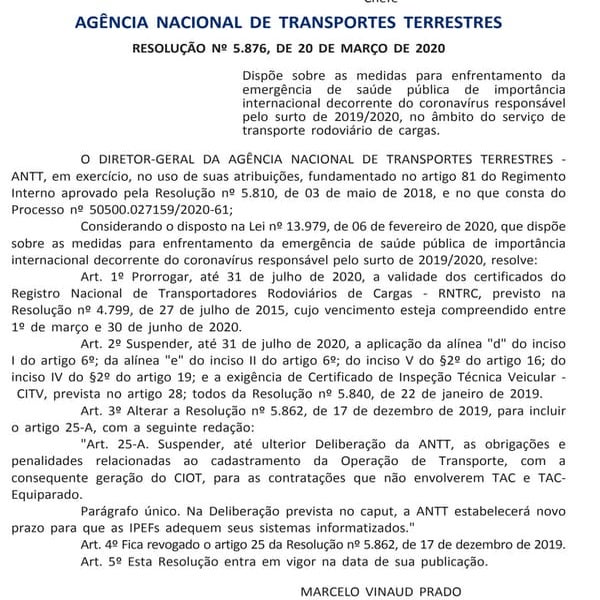 ANTT prorroga vencimento do RNTRC e suspende CIOT