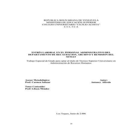 Antunez a 2006   tesis estres laboral en el personal administrativo del depar...