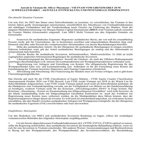 Anwalt in Vietnam Dr. Oliver Massmann - VIETNAM VOM GRENZMARKT ZUM SCHWELLENMARKT - AKTUELLE ENTWICKLUNG UND POTENZIELLE PERSPEKTIVEN