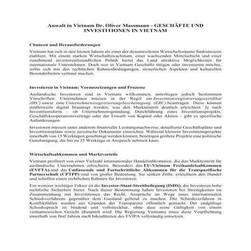 Anwalt in Vietnam Dr. Oliver Massmann - GESCHÄFTE UND INVESTITIONEN IN VIETNAM