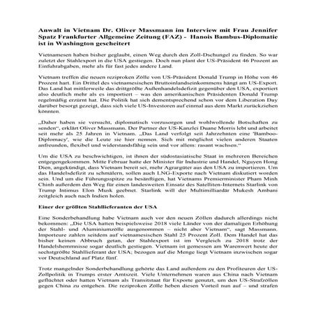 Anwalt in Vietnam Dr. Oliver Massmann im Interview mit Frau Jennifer Spatz Frankfurter Allgemeine Zeitung (FAZ) -  Hanois Bambus-Diplomatie ist in Washington gescheitert