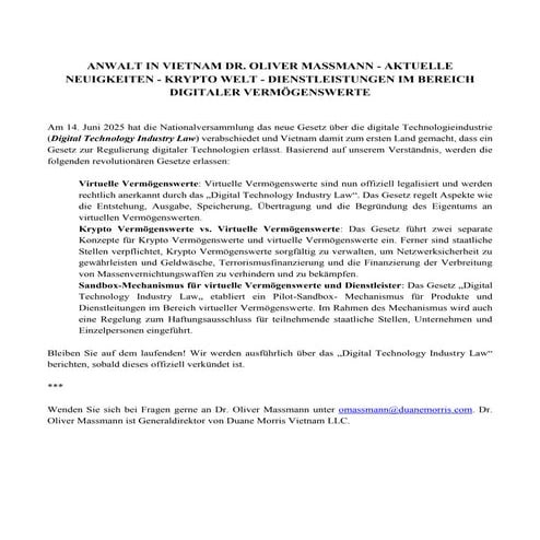 ANWALT IN VIETNAM DR. OLIVER MASSMANN - AKTUELLE NEUIGKEITEN - KRYPTO WELT - DIENSTLEISTUNGEN IM BEREICH DIGITALER VERMÖGENSWERTE