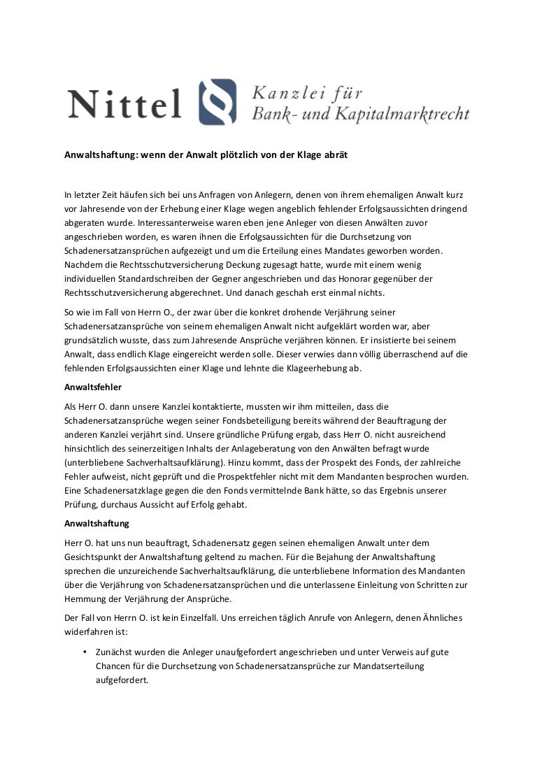 Anwaltshaftung Wenn Der Anwalt Plotzlich Von Der Klage Abrat
