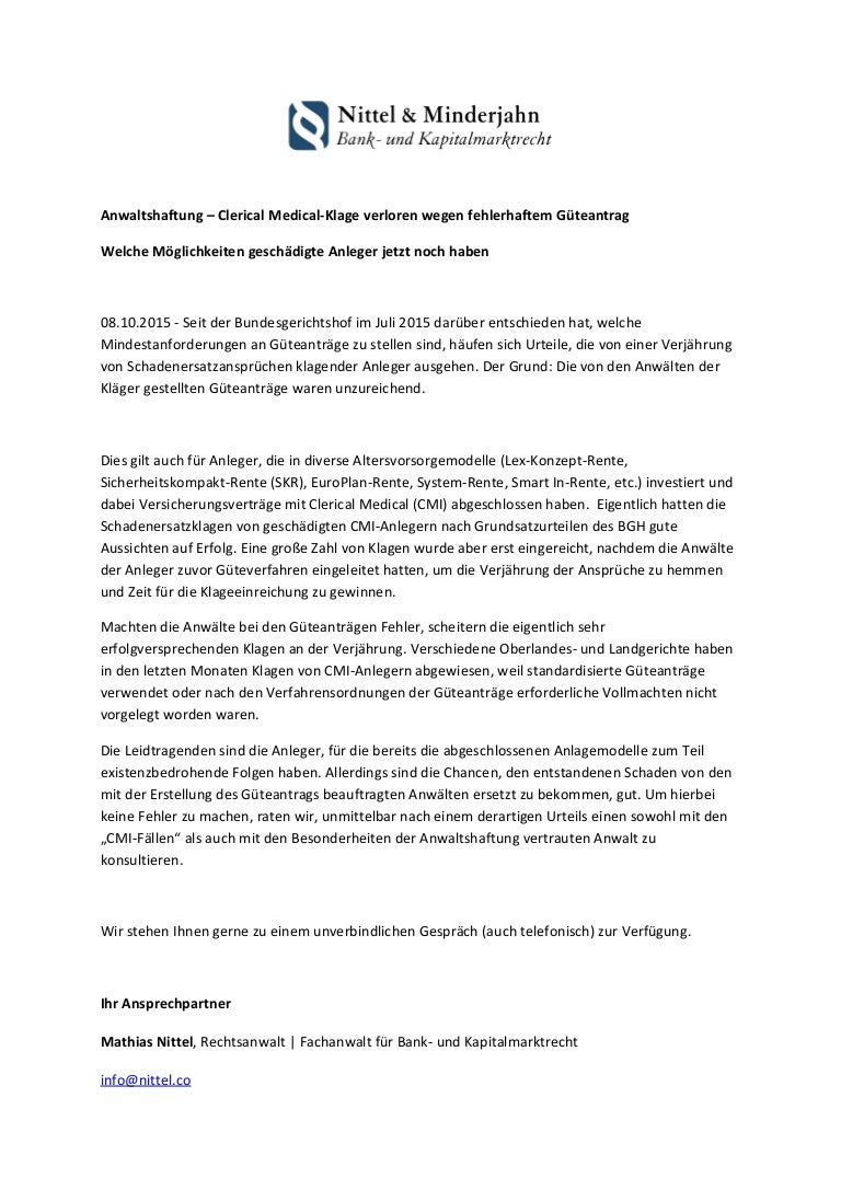 Anwaltshaftung Clerical Medical Klage Verloren Wegen Fehlerhaftem G