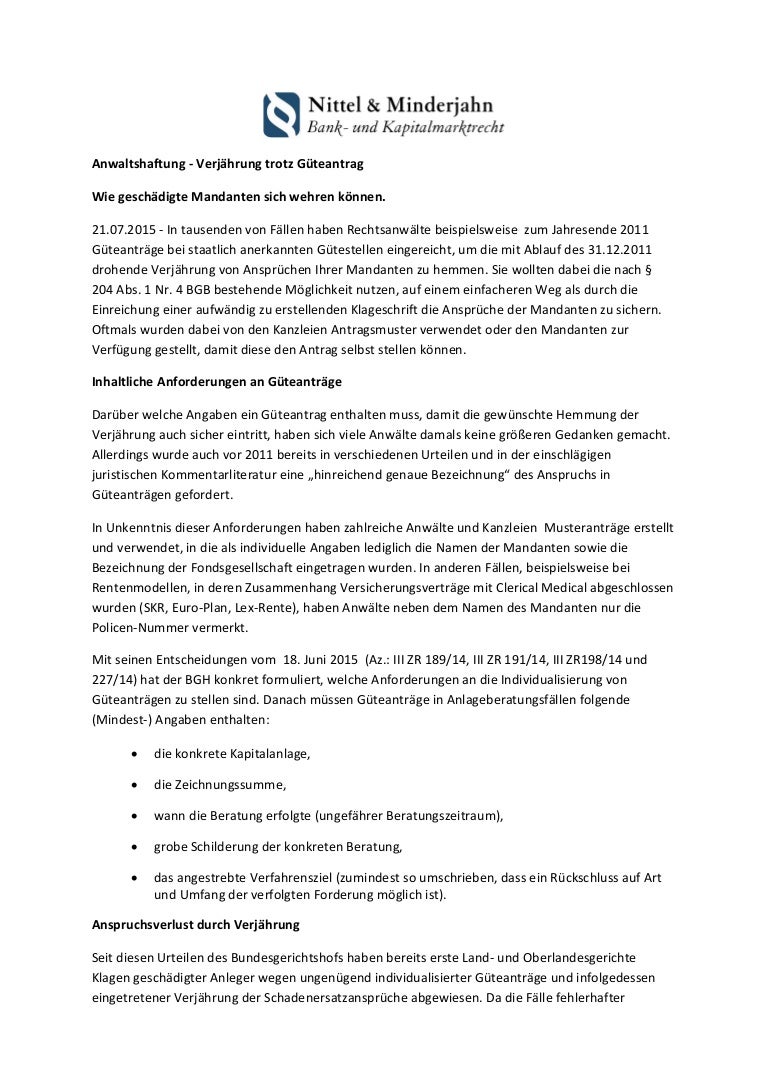 Anwaltshaftung Verjahrung Trotz Guteantrag