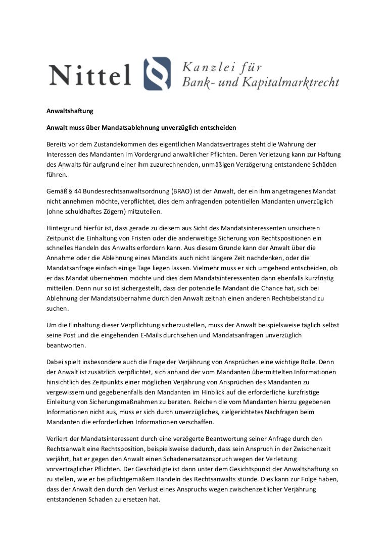 Anwalt Muss Uber Mandatsablehnung Unverzuglich Entscheiden