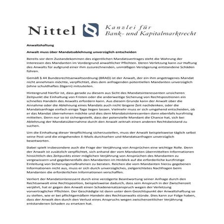 Anwalt muss über Mandatsablehnung unverzüglich entscheiden