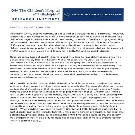 Anxiety in Children with Autism Spectrum Diagnoses | PDF