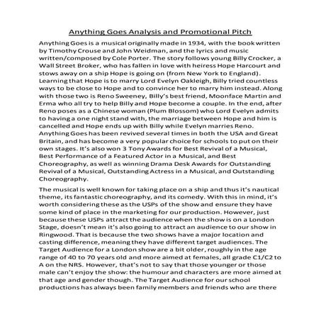 Anything goes analysis and promotional pitch