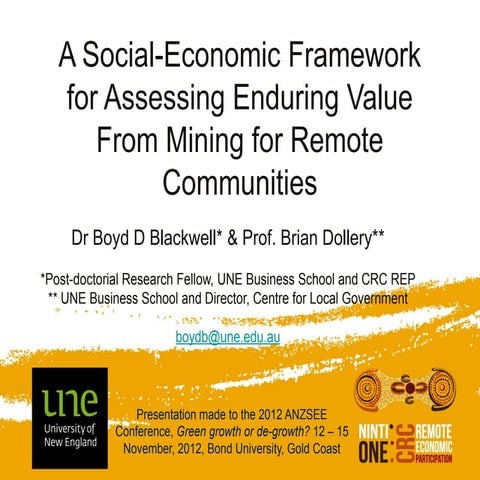 ANZSEE 2012 Boyd Blackwell & Brian Dollery: Socio-economic Framework