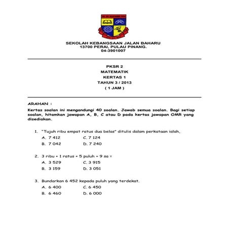 Aoalatan pksr 2 matematik tahun 3
