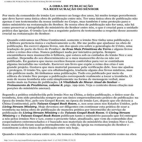 A obra de publicação na restauração do senhor