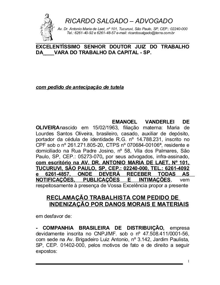 Ação trabalhista danos morais acidente + doença(padrão)
