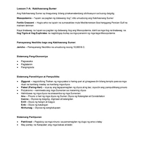 AP 7 Lesson no. 7-A: Kabihasnang Sumer