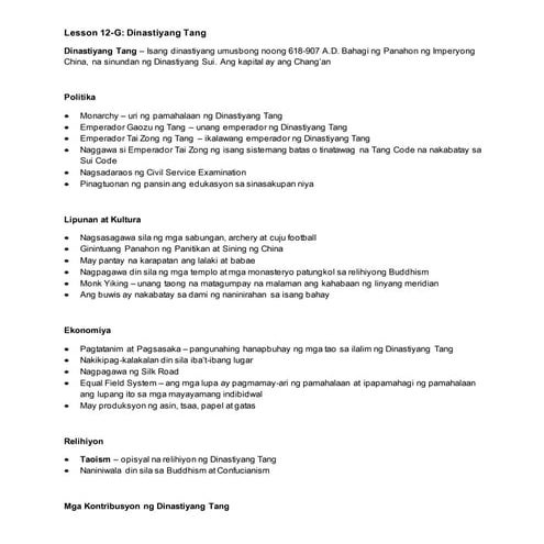 AP 7 Lesson no. 12-G: Dinastiyang Tang